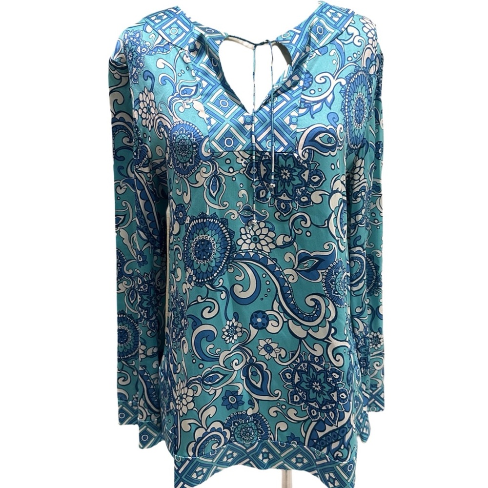 St. John Women's Blue Paisley Floral Print Silk V-Neck Popover Tunic Resort S